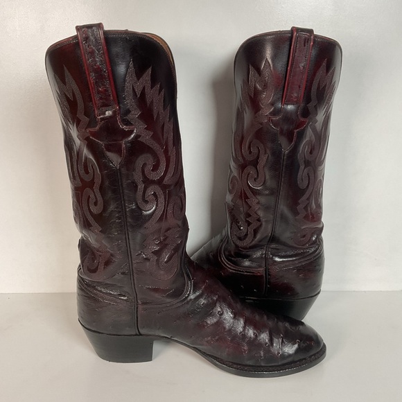 Vintage Lucchese Black Cherry Ostrich Quill Cowboy Boots 9 EE Exotic Recraft - Picture 15 of 16